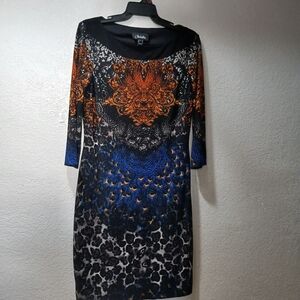 NueVa size 10 made Canada Oasis Black, Blue & Orange Printed Midi Dress